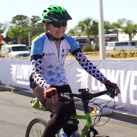 Nancy Evans rides her bike during Lowvelo19