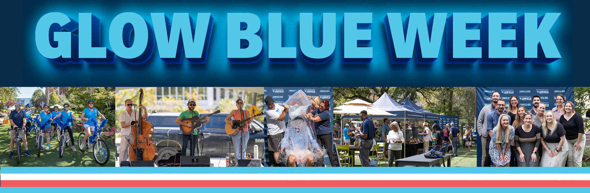 Glow Blue week banner with photos of events happening around campus