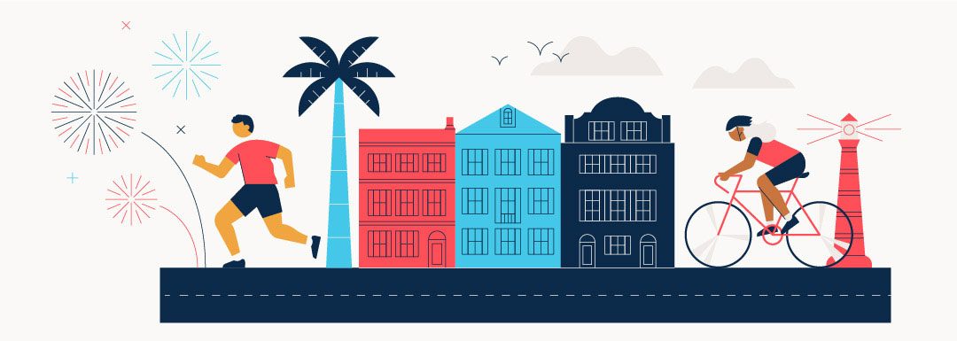 illustration of charleston rainbow row houses with a runner and biker and fireworks